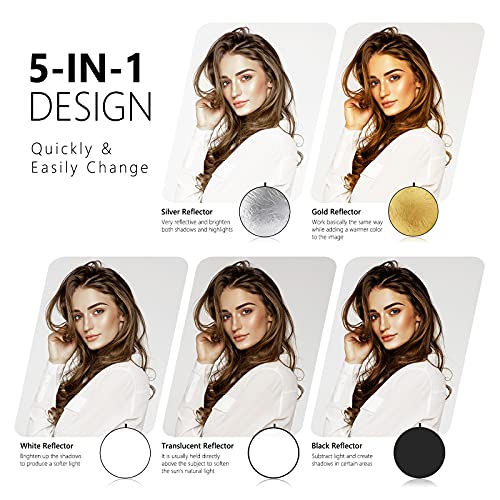 Neewer 110cm Reflector de Luz Multi-disco Plegable 5 en 1 con Bolsa Translúcido, Plateado, Dorado, Blanco y Negro para Fotografía de Estudio Iluminación e Iluminación Exterior