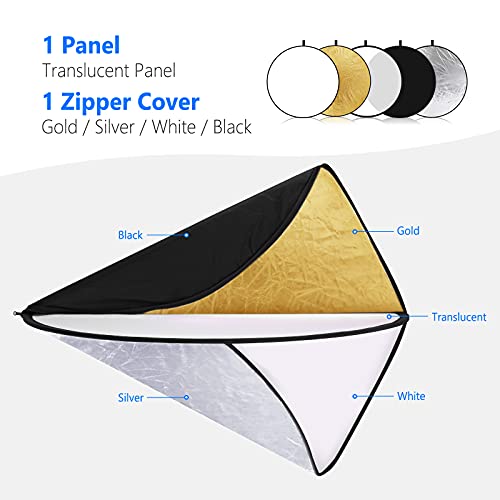 Neewer 110cm Reflector de Luz Multi-disco Plegable 5 en 1 con Bolsa Translúcido, Plateado, Dorado, Blanco y Negro para Fotografía de Estudio Iluminación e Iluminación Exterior
