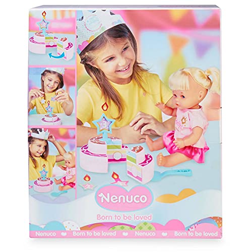 Nenuco -Feliz Cumpleaños, Muñeca bebé de cumple para regalar a los más pequeños a partir de 3 años de edad, con una corona, una tarta de juguete y una vela de número intercambiable, FAMOSA (700016283)