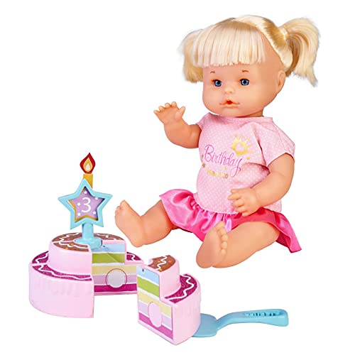 Nenuco -Feliz Cumpleaños, Muñeca bebé de cumple para regalar a los más pequeños a partir de 3 años de edad, con una corona, una tarta de juguete y una vela de número intercambiable, FAMOSA (700016283)