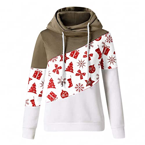 NHNKB Sudadera con capucha de cuello alto, para mujer, diseño navideño, Blanco, L
