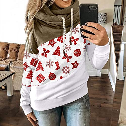 NHNKB Sudadera con capucha de cuello alto, para mujer, diseño navideño, Blanco, L