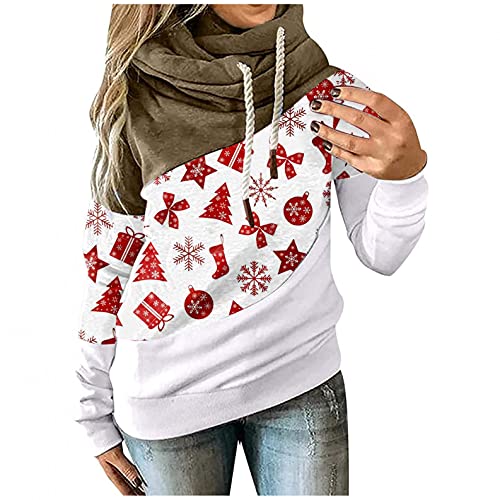 NHNKB Sudadera con capucha de cuello alto, para mujer, diseño navideño, Blanco, L