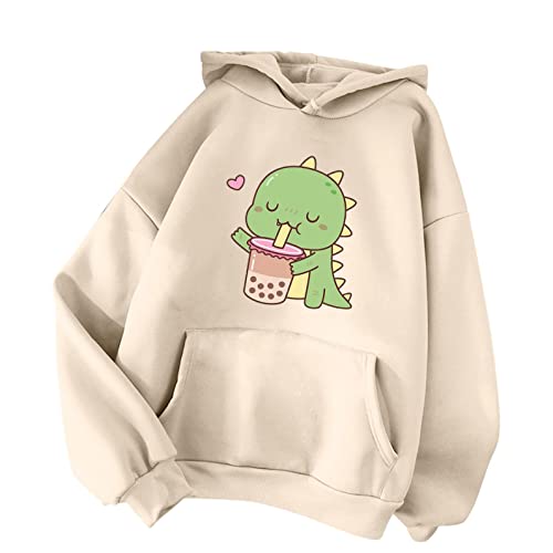 NHNKB Sudadera con capucha para mujer, diseño de dinosaurios, sudadera con capucha para mujer, juvenil, de invierno, beige, XL