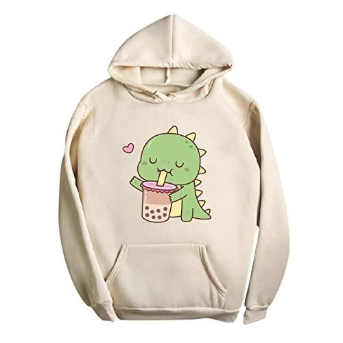 NHNKB Sudadera con capucha para mujer, diseño de dinosaurios, sudadera con capucha para mujer, juvenil, de invierno, beige, XL