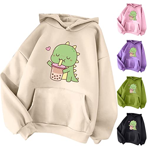NHNKB Sudadera con capucha para mujer, diseño de dinosaurios, sudadera con capucha para mujer, juvenil, de invierno, beige, XL