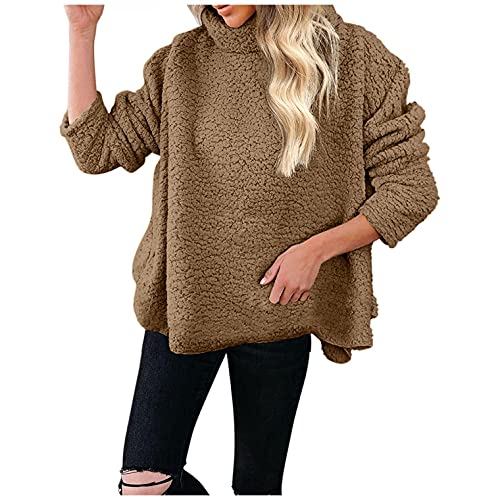 NHNKB Sudadera de forro polar para mujer, cuello alto, sudadera de forro polar, sudadera con capucha, caqui, XL