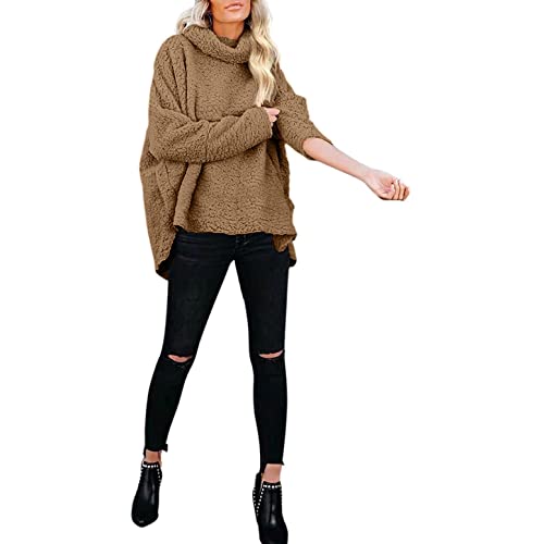 NHNKB Sudadera de forro polar para mujer, cuello alto, sudadera de forro polar, sudadera con capucha, caqui, XL