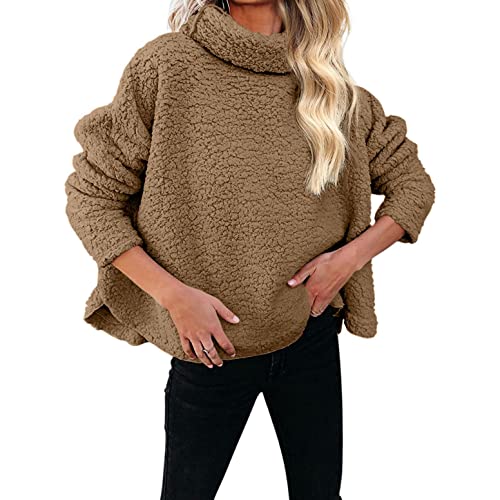 NHNKB Sudadera de forro polar para mujer, cuello alto, sudadera de forro polar, sudadera con capucha, caqui, XL
