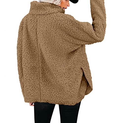 NHNKB Sudadera de forro polar para mujer, cuello alto, sudadera de forro polar, sudadera con capucha, caqui, XL