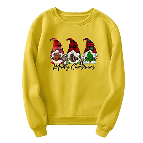 NHNKB Sudadera para mujer, informal, suelta, con estampado de flores, cuello redondo, para Navidad, amarillo, XL