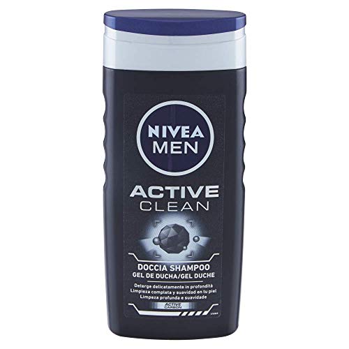 NIVEA MEN Active Clean - Champú de ducha para hombre, 6 x 250 ml, gel de ducha para cuerpo, cara y cabello, champú para hombre con carbón activo natural