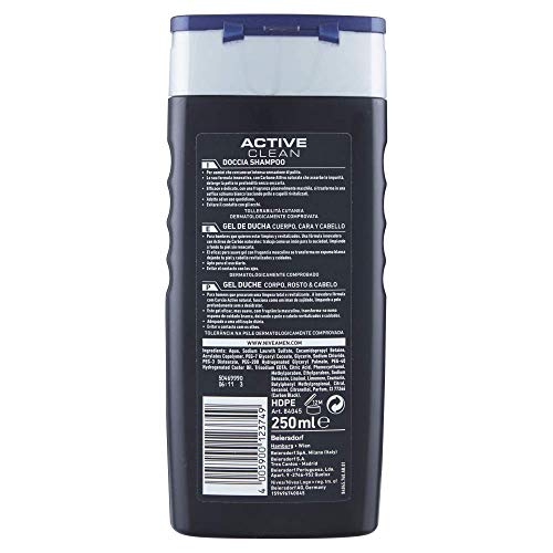 NIVEA MEN Active Clean - Champú de ducha para hombre, 6 x 250 ml, gel de ducha para cuerpo, cara y cabello, champú para hombre con carbón activo natural