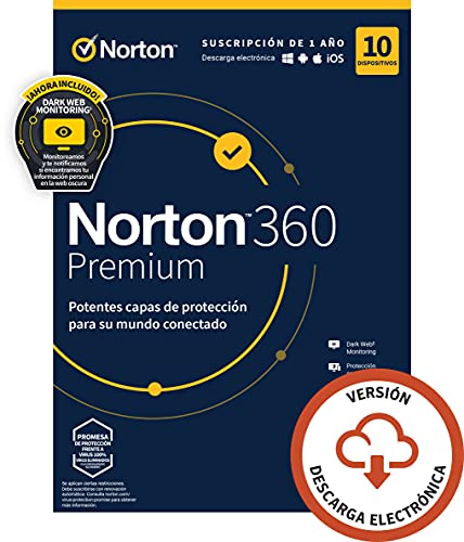 Norton 360 Premium 2022 - 10 Dispositivos, 1 Año, para PC, Mac, tableta o smartphone, Código de activación enviado