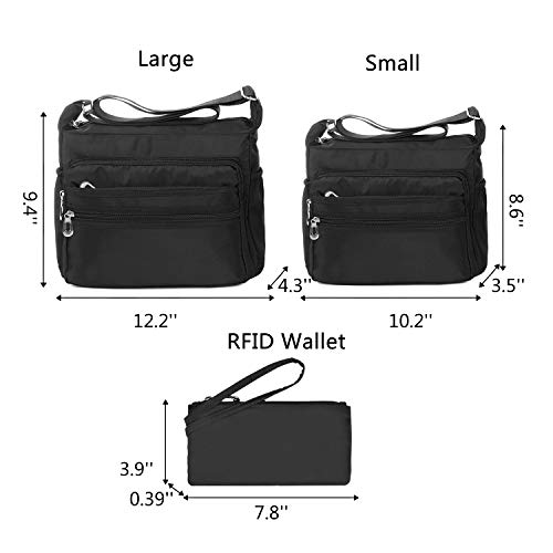 NOTAG Bolsos de Mujer, Impermeable Nylon Bolso de Hombro Multi Bolsillo Bolso Cruzado Messenger Bag con Billetera RFID (L, Negro)