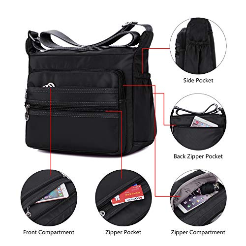 NOTAG Bolsos de Mujer, Impermeable Nylon Bolso de Hombro Multi Bolsillo Bolso Cruzado Messenger Bag con Billetera RFID (L, Negro)