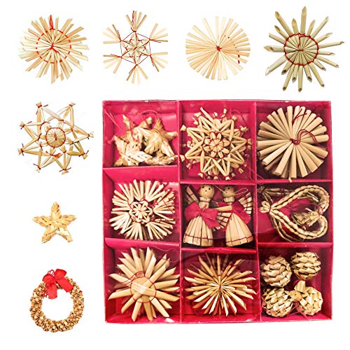 Nsiwem 38 Piezas Estrellas de Paja Set Colgante de Paja Joyas Árbol de Navidad de Paja Adornos de Paja para árbol de Navidad con Cuerdas Rojas Decoraciones para árboles de Navidad 6cm