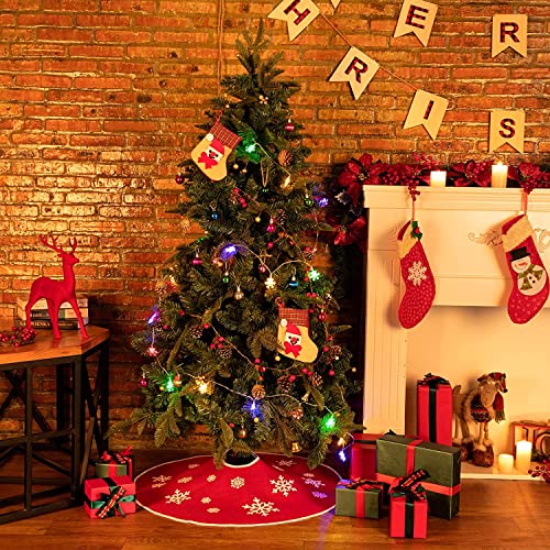N&T NIETING Falda de árbol de Navidad, 35 pulgadas de copo de nieve blanco impreso rojo arpillera árbol falda, decoración de Navidad para interiores y exteriores