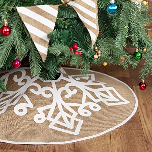 N&T NIETING Falda de árbol de Navidad, 75 cm, copos de nieve blancos, falda de arpillera impresa, alfombra para decoración navideña