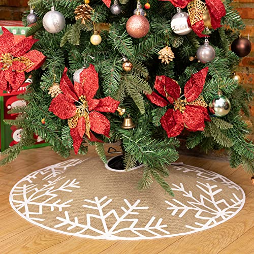 N&T NIETING Falda de árbol de Navidad, 75 cm, falda de arpillera con copos de nieve blancos, alfombra para árbol de Navidad, decoración para árbol de Navidad