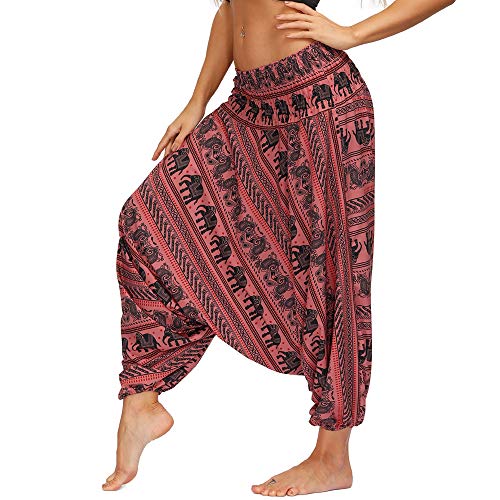 Nuofengkudu Mujer Pantalones Hippies Estampados Baggy Comodos Ligeros Cintura Alta Indios Yoga Pants Casual Playa Fiesta Verano(W-Rojo C,Talla única)