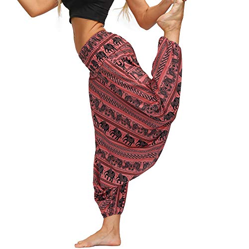 Nuofengkudu Mujer Pantalones Hippies Estampados Baggy Comodos Ligeros Cintura Alta Indios Yoga Pants Casual Playa Fiesta Verano(W-Rojo C,Talla única)