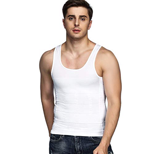 Odoland Camiseta Reductora Hombre Compresión Pack de 3 Camisetas Interior Chaleco Adelgazante para Hombre,Blanco/Blanco/Nergo, M