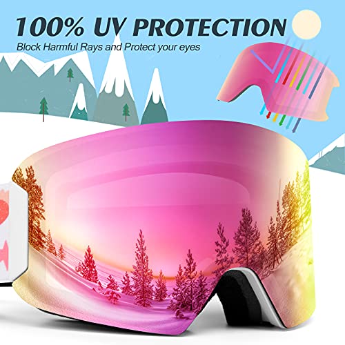 Odoland Gafas de Esquí para Niños y Adolescentes, Gafas Snowboard Antivaho, 100% Protección UV, Compatible con Cascos, Mascara de Esquí para Esquiar Snowboard Deportes de Invierno, Blanco-Rosa