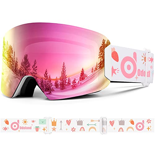Odoland Gafas de Esquí para Niños y Adolescentes, Gafas Snowboard Antivaho, 100% Protección UV, Compatible con Cascos, Mascara de Esquí para Esquiar Snowboard Deportes de Invierno, Blanco-Rosa