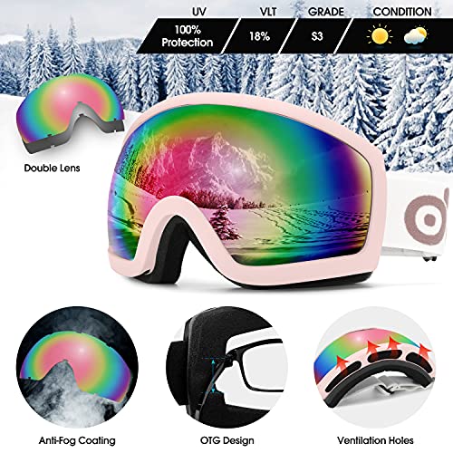 Odoland Kit de Casco Esquí con Gafas Esquí, Casco Snowboard para Adultos Jóvenes Niño, Protección UV 400 y a Prueba de Viento, Casco Deportivo para Esquí Snowboard y Patinaje, RosaClaro, M:54-56cm