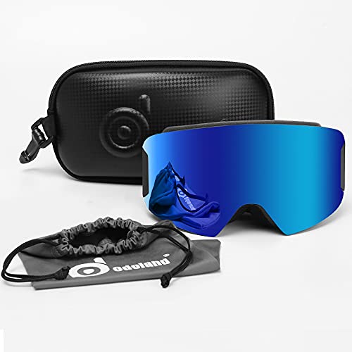 Odoland Kit de Gafas Esquí con Caja, Gafas Snowboard Cilíndricas con Vista Amplia, Antivaho 100% Protección UV, Mascara Esquí para Hombres Mujeres y Adolescentes, Compatible con Cascos, Azul-Negro