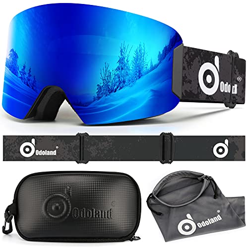 Odoland Kit de Gafas Esquí con Caja, Gafas Snowboard Cilíndricas con Vista Amplia, Antivaho 100% Protección UV, Mascara Esquí para Hombres Mujeres y Adolescentes, Compatible con Cascos, Azul-Negro