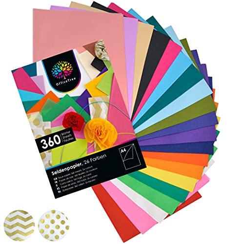 OfficeTree 360 x Papel de Seda Colores A4 - 26 Colores - Papel Seda Colores - Tissue Paper para Manualidades, Diseños y Decoraciones