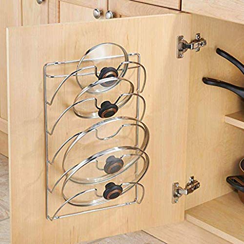OldPAPA Pared Tapa de olla rack, Accesorios de olla de cocina-Metal cromado organizador- 5 apartados Tapa de olla estante Gabinete soportes