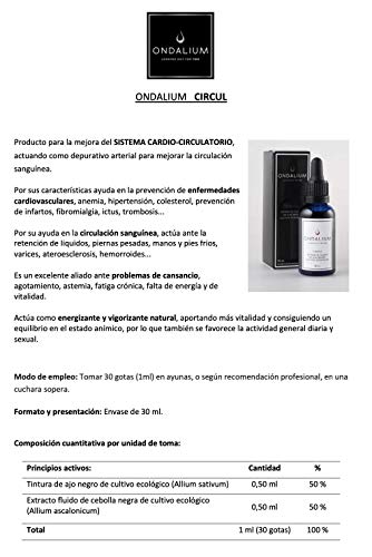 Ondalium Circul | Extracto fluido Circulatorio de Ajo Negro Ecológico español (1 mes) - Producto natural para el Sistema Cardio-circulatorio, actuando como depurativo arterial - 30 ml.