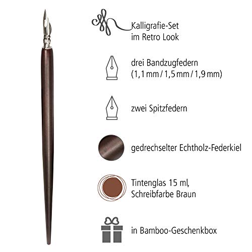 Online 81411 - Juego de caligrafía con soporte de pluma, 5 plumas (3 bandas de 1, 5 mm, 1, 9 mm, 1 mm y 2 plumas de punta) y vaso de tinta, en estuche de regalo de Bamboo, 1 pieza