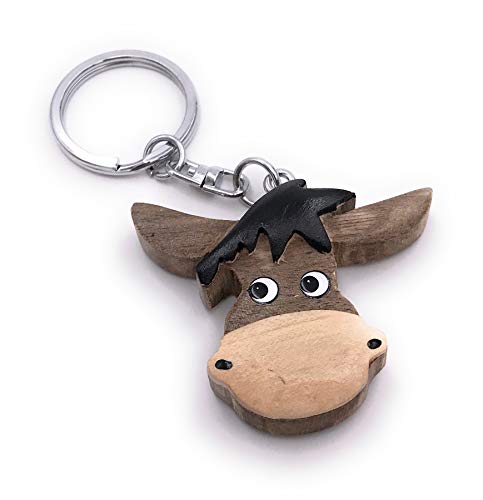 Onwomania Llavero de madera cabeza de vaca cabeza de burro animales de granja ganado becerro vaca burro colgante encanto