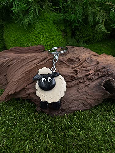Onwomania Llavero de madera oveja moufflon oscuro animal lana ovejas colgante encanto