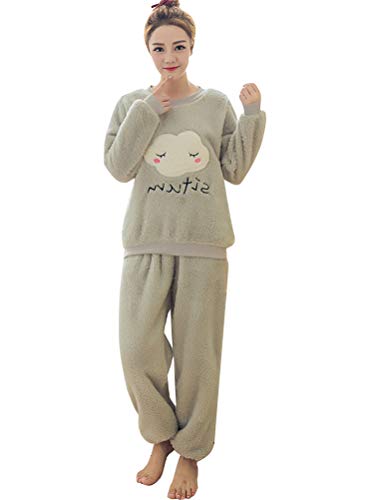 ORANDESIGNE Mujer Otoño Invierno Pijama de Dos Piezas Pijamas de Franela Suave Cálida Ropa de Dormir Pijamas de Manga Larga Gris Nube ES 38
