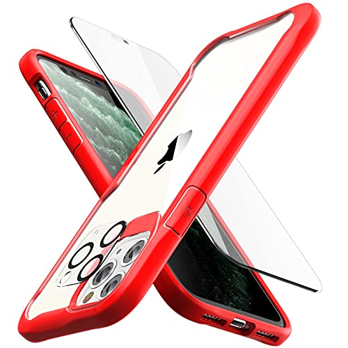 ORETECH Funda Antichoque Transparente para iPhone 11 Pro, con [2X Vidrio Cristal Templado y 1x Cámara Protector de Pantalla] Silicona Bumper Carcasa Anti-Arañazos Rubber Caso para iPhone 11 Pro, Rojo
