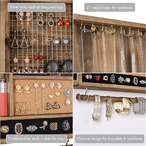 Organizador de joyas para colgar en la pared rústico | Soporte de joyería de malla montado en la pared | Soporte de pared de madera para collares