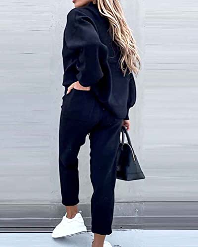 Osheoiso Chándal para Mujer Moda Casual Color Liso Conjunto Deportivos Pantalones para Conjunto Deportivos Largos con Cinturón y Bolsillos Traje Deportivo A Negro XL