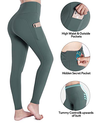 OUGES - Pantalones de Yoga con Bolsillos de Cintura Alta para Mujer, Pantalones para Correr, Entrenamiento, Gimnasio, Leggings (Verde, L)