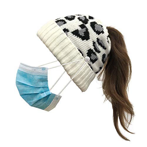 Ousyaah Mujer Gorros de Punto Coleta Beanie Sombrero Invierno Cálido Ponytail Beanie Hat con Botones (Excluyendo máscara) (Blanco)