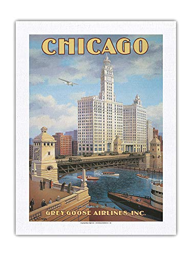 Pacifica Island Art Chicago, Illinois - Puente DuSable (Puente de la Avenida Michigan) - Grey Goose Airlines - Póster Viaje Línea aérea de Kerne Erickson - Impresión de Arte Seda Pura Tela 61x81cm