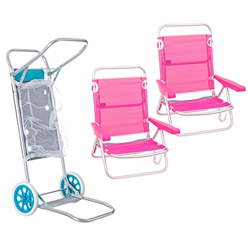 Pack de 2 sillas de Playa Rosa de Aluminio y textileno y Carro portasillas Nuevo y Mejorado - LOLAhome