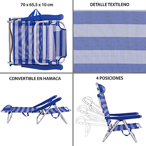 Pack de Silla Playa con cojín de Aluminio y textileno Azul y Blanco, sombrilla de Ø 180 cm. y Carro portasillas - LOLAhome