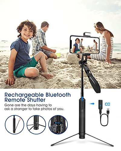 Palo Selfie Trípode, Selfie Stick Bluetooth Móvil Aluminio 4-EN-1 Giratorio 360 ° con Mango Balance de Video + Control Remoto + Luz LED para Gopro, Teléfono Inteligente Menos de 6.8 Pulgadas