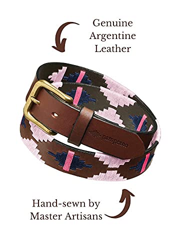 Pampeano | Rosa - Cinturón de polo de cuero artesanal argentino premium - Caja de regalo | Cinturón de diseño unisex | 3,5 cm de ancho, cosido a mano con hebilla de latón antiguo