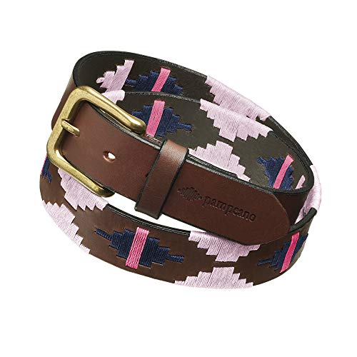 Pampeano | Rosa - Cinturón de polo de cuero artesanal argentino premium - Caja de regalo | Cinturón de diseño unisex | 3,5 cm de ancho, cosido a mano con hebilla de latón antiguo